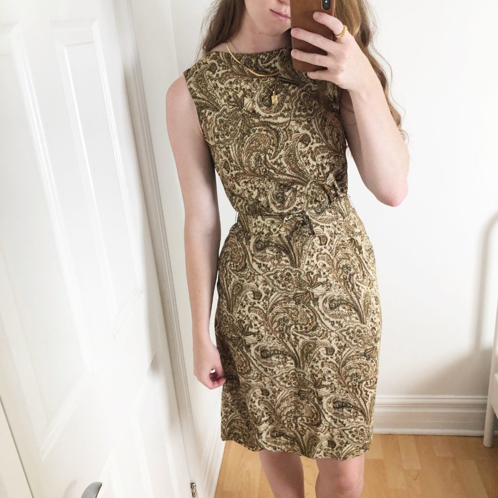 Stunning Vintage Vogue MCM Glittery Gold Print Belted Midi Dress Formal Cocktail - Picture 1 of 8